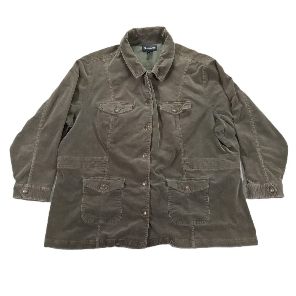 NorthCrest Corduroy Coat Jacket Women Plus 26W/28W 4X Button Up Green Stretch
